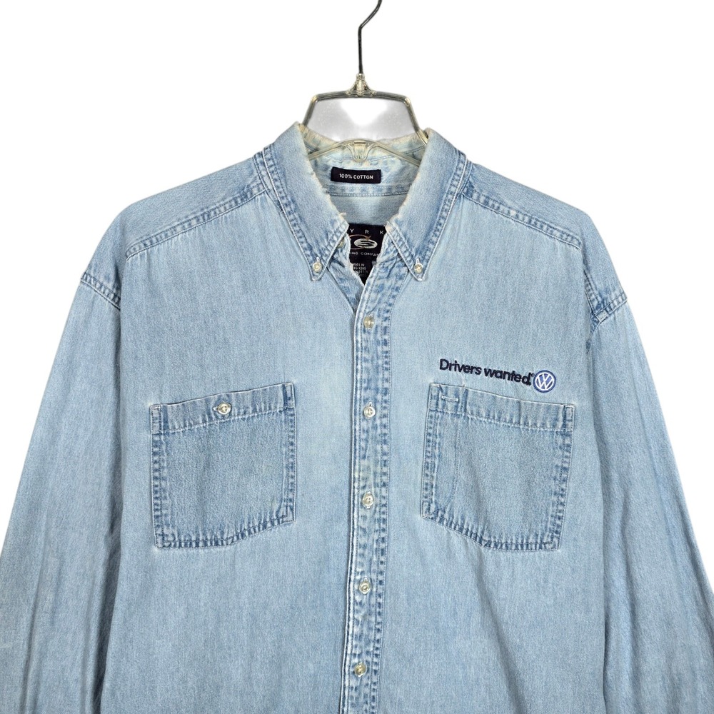 Vintage Volkswagen Shirt Mens Large VW Drivers Wanted Denim Blue Cars Button Up
